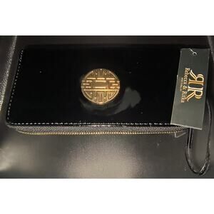 Rebecca & Rifka Patent-Black Zip-Around Wristlet/Wallet w/ Gold Emblem - NWT